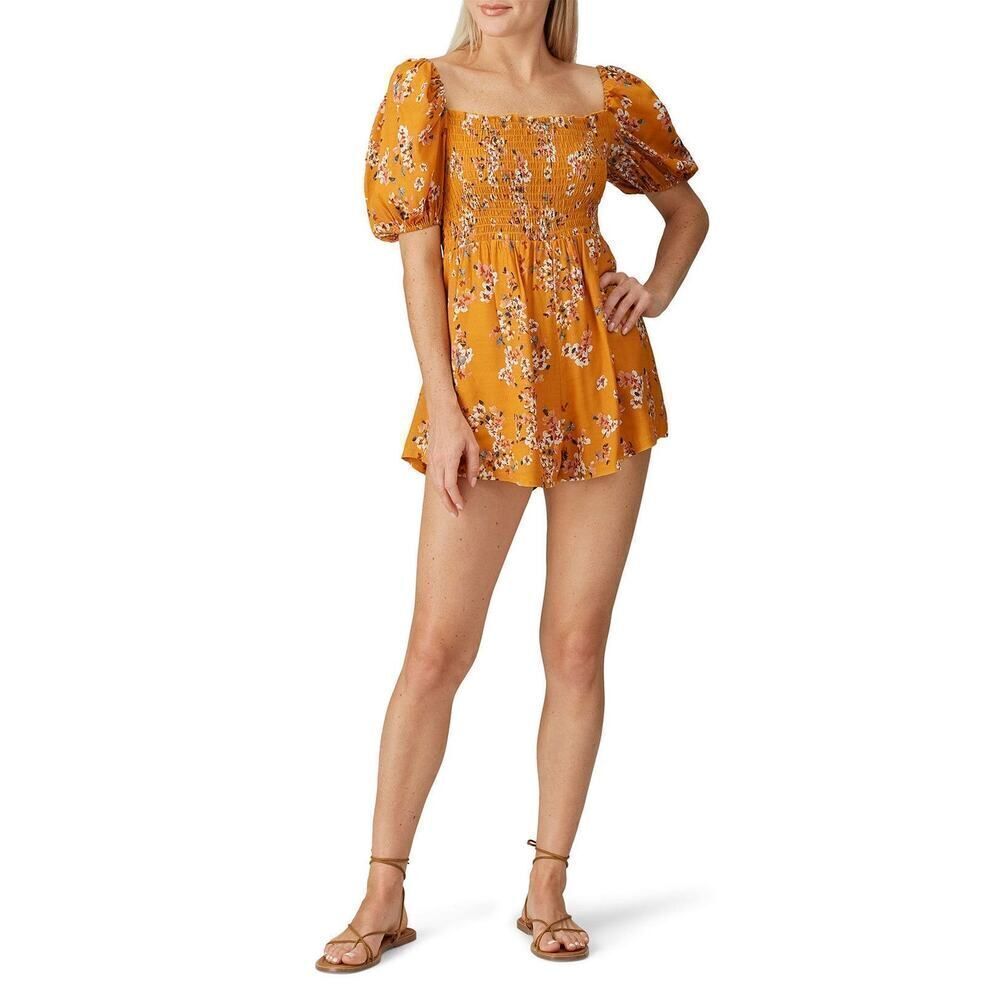 Flynn Skye Justine Romper Women's Medium Orange Floral Puff Sleeve Smocked RTR